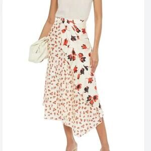 Self Portrait Asymmetrical Floral Satin Midi Skirt White Orange Red 4